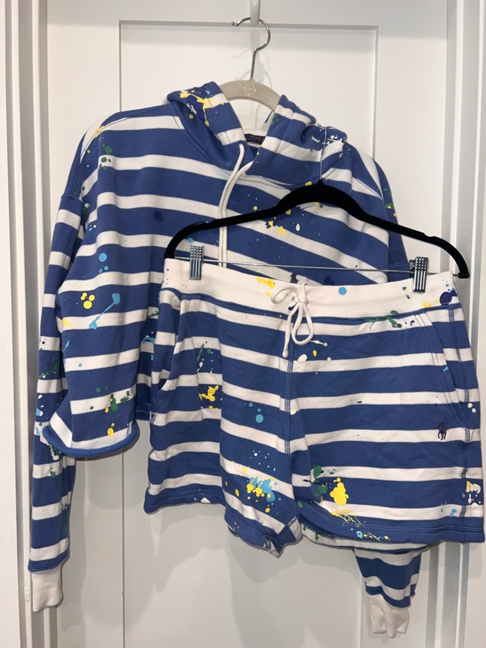 Ralph Lauren Blue and White Striped Hoodie with Yellow Paint Splatter Accents